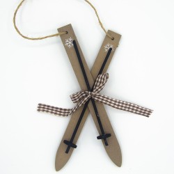 Wooden ski with poles and lanyard for Christmas decorations